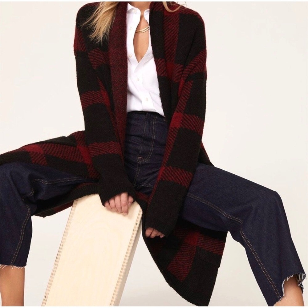 Joe's Jeans Womens Plaid Grunge Buffalo Check‎ Longline Cardigan Red Black XS